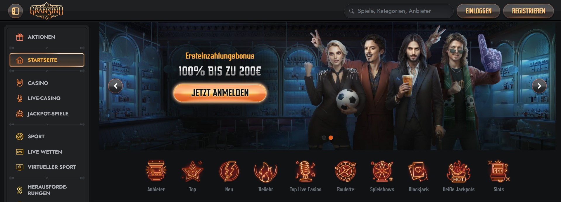 Die Gransino Casino-Plattform präsentiert eine moderne und benutzerfreundliche Oberfläche mit vielfältigen Spieloptionen. Links befindet sich ein intuitives Menü mit Kategorien wie Aktionen, Casino, Live-Casino, Jackpot-Spiele, Sportwetten und mehr. Im Mittelpunkt steht ein attraktiver Willkommensbonus von 100% bis zu 200€, untermalt durch einen gut sichtbaren Button mit der Aufforderung „Jetzt Anmelden“. Die untere Sektion der Seite enthält Symbole für verschiedene Spiele wie Roulette, Blackjack, Spielshows und Slots.